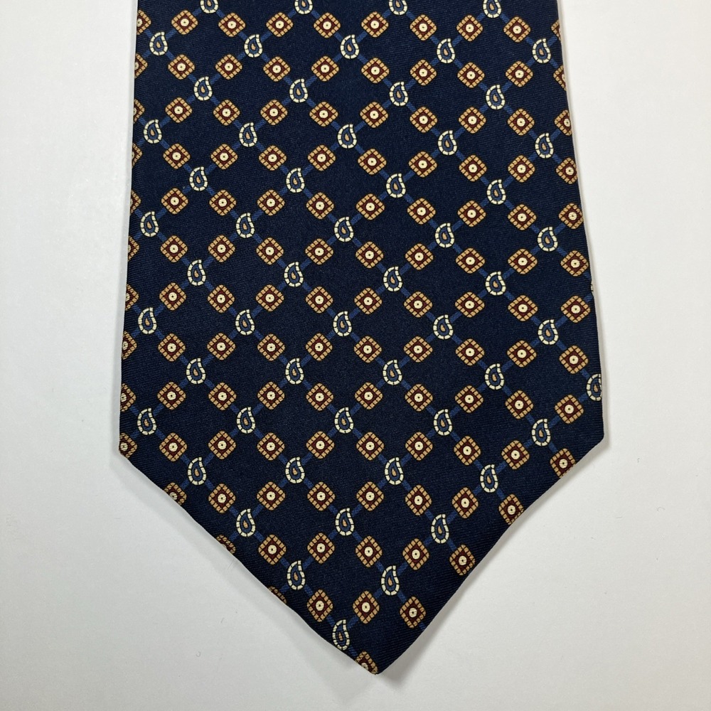 Vintage Tommy Hilfiger Silk Tie Navy Gold Paisley Geometric 61.5" USA Italy
